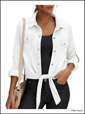 Women's Denim Button Down Shirt Jean Jacket Crop Top Long Sleeve Cardigan